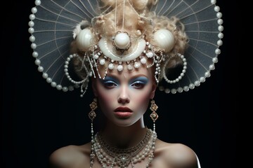 Elegant woman adorned with a pearl headdress in a baroque-inspired fashion portrait