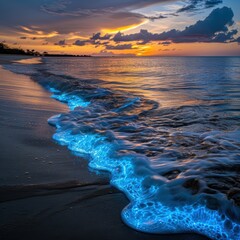 Poster - Stunning sunset over the ocean with glowing waves