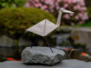 Sticker - origami swan sculpture on rock in garden