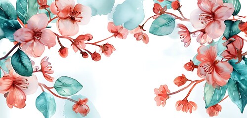 watercolor spring floral header with delicate coral cherry blossoms and teal leaves