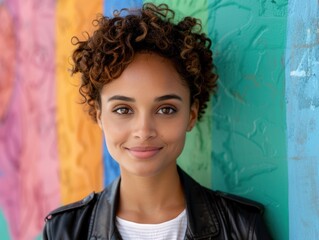 Poster - Smiling woman with curly hair against colorful wall