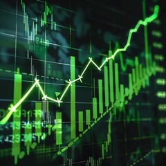 Graph showing sharp increase in stock prices with green arrows and financial charts, [stock price rise], [economic boom]