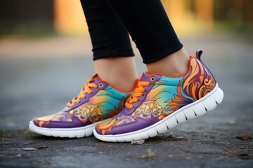 Close-up of vibrant patterned sneakers worn outdoors, highlighting casual street style