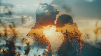 Wall Mural - The double exposure image shows the silhouettes of a couple against the backdrop of beautiful nature during a sunset.