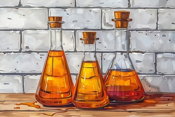 Sticker - Laboratory setup with blue and amber liquids in glass flasks, accompanied by molecular models on a blue background, emphasizing scientific research and discovery.