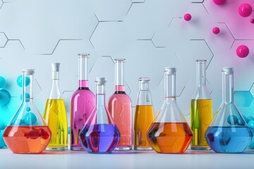 Poster - Chemistry flasks with colorful liquids, set against a textured background, illustrating scientific experimentation and vibrant design.