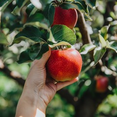 Close-up of a hand plucking a fresh apple from a tree, vibrant red fruit against green leaves, bright afternoon light, crisp and detailed.