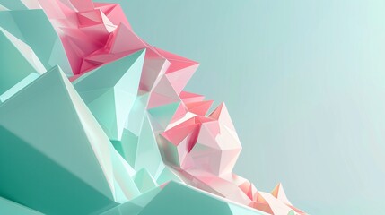 3D render of a vibrant mix green and pink abstract background with polygonal shapes, showcasing a contemporary style object at the upper part of the picture on a pastel blue isolate background