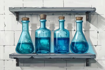 Wall Mural - Minimalist glass flasks with amber liquid, set against a blue and white tiled background, emphasizing scientific simplicity and modern design.