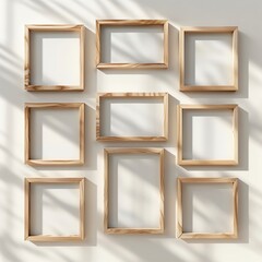 Realistic mock up empty wooden photo frame, gallery wall on minimal white wall