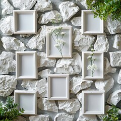 realistic mock up empty white photo frame, gallery wall on minimal white brick wall