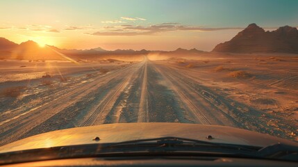 The SUV is traveling fast on a dirt road. Rally. Africa, middle east. Combat. Championship. Travel, safari park. Banner poster, background. With copy space