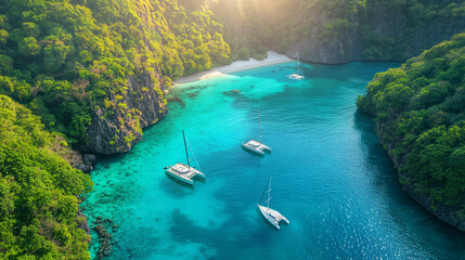 Wall Mural - Aerial view of yachts sailing on turquoise water near tropical island