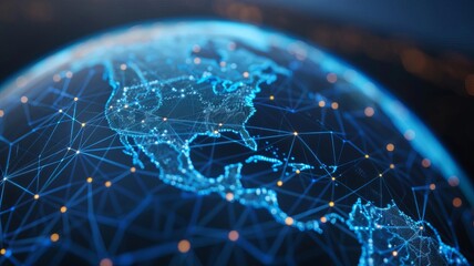 A digital representation of North America with interconnected networks and nodes, illustrating global connectivity and advanced technology.