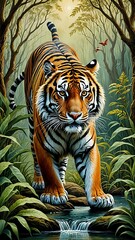 Wall Mural - A majestic tiger strides through a lush jungle, its powerful presence commanding attention.