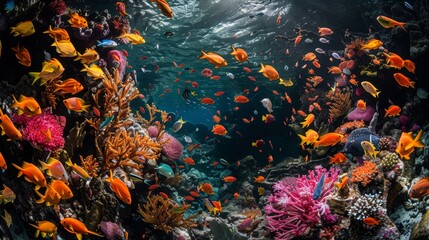 Wall Mural - detailed underwater photograph of fish of various sizes and colors exploring the intricate structures of a coral reef Generative AI