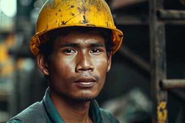 Close-up portrait of a confident and determined male construction worker wearing hard hat and protective gear. With an industrial background