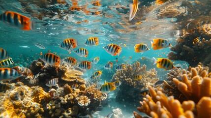 Wall Mural - underwater view of a coral reef alive with activity as fish of all shapes and sizes swim among the corals Generative AI