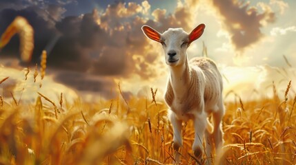 Canvas Print - Young goat in a golden wheat field with a dramatic sky in the background