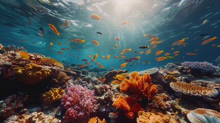 Wall Mural - mesmerizing underwater landscape featuring a colorful coral reef and a diverse array of fish gracefully moving through the water Generative AI