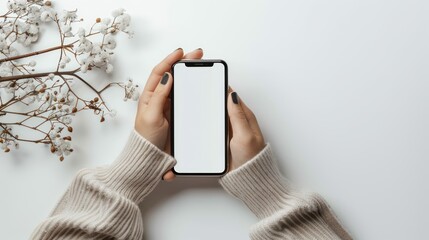 Female hands holding a smartphone with both hands, white background