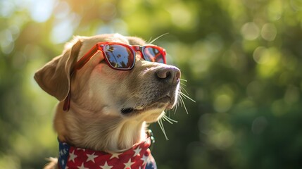 Wall Mural - Dog wearing red sunglasses and USA flag bandana outdoors, celebrating Memorial Day with a patriotic spirit