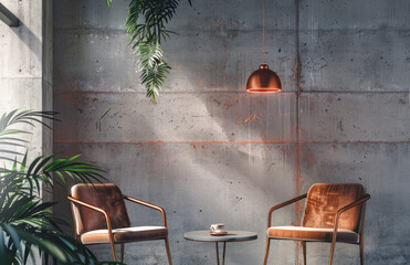 Modern copper pendant light, paired with two modern chairs and an abstract metal coffee table in the same color scheme of metallic tones