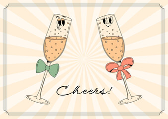 Champagne festival New Year poster. Cheers! Two champagne glass with cute face. Funky alcohol design for invitation, party, holiday. Retro vector illustration