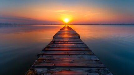 Sticker - A long wooden pier extending into the water at sunset, with the sun setting behind it and reflecting on the calm waters below.