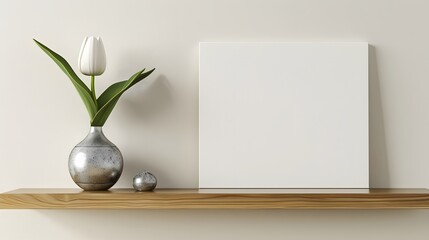 A modern, horizontal blank canvas mockup displayed on a polished oak shelf, enhanced by a sleek, silver metallic vase with a single white tulip.