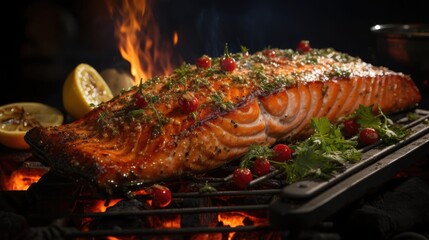 Wall Mural - Delicious grilled salmon with vegetable topping, black and blurred background