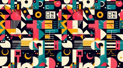 Poster - A seamless pattern featuring geometric shapes in a variety of vibrant colors, creating a bold and modern design suitable for contemporary decor and fashion.