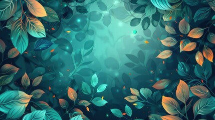 Wall Mural - Serene Teal Vector Background with Delicate Leaf Patterns and Warm Hues, Centered Negative Space for Text or Design Elements