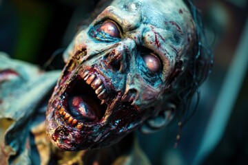 Hyper-realistic horror model of a zombie with gaping mouth and detailed gore