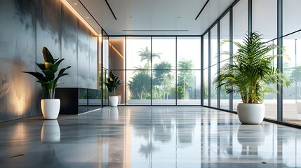 Wall Mural - Modern office interior with glass walls, large windows and polished concrete floor. The space is well-lit by natural light, creating an atmosphere of spaciousness and sophistication.