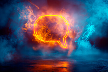 Wall Mural - a neon speech bubble glowing amidst smoke on a dark, textured background, symbolizing communication.