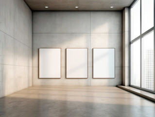 Wall Mural - Three blank posters in a modern gallery interior with sunlight, concrete, and city view, concept of exhibition. Generative AI