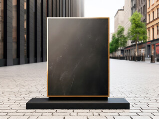 Wall Mural - A black blank advertising board with a golden frame, standing on an urban street with buildings. Generative AI