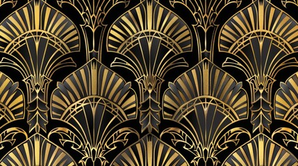 Sticker - A sophisticated Art Deco pattern with elegant, symmetrical designs in gold and black, ideal for vintage-inspired decor and fashion.