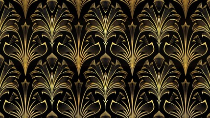 Sticker - A sophisticated Art Deco pattern with elegant, symmetrical designs in gold and black, ideal for vintage-inspired decor and fashion.