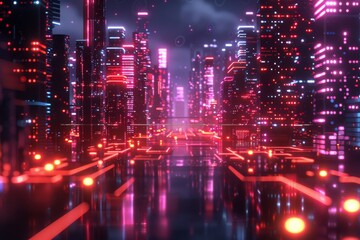 Wall Mural - Vibrant cityscape with neon lights and high-tech elements, showcasing a futuristic urban environment at night.