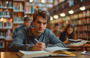 A young man studies books and takes notes at a library table, surrounded by other studying students