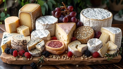 Wall Mural - **A spread of different types of cheese on a wooden board