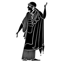 Wall Mural - Standing ancient Greek woman in a long dress. Ethnic vase painting style. Black and white silhouette.