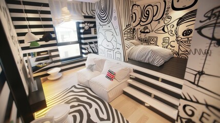 Wall Mural - Dreamy Doodles The black and white striped walls of this bedroom are adorned with playful doodles creating a fun and imaginative space.