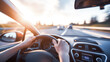 © Who is Danny - Driver's view inside a car with hands on the steering wheel, driving on a highway at sunset. Generative AI