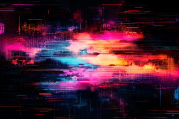 Wall Mural - A vibrant abstract digital artwork with streaks of pink and blue, set against a dark, glitchy background, illustrating a cyberpunk concept. Generative AI