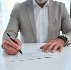 Canvas Print - Businessman, hands and signing document on desk for insurance compliance, policy approval and agreement in office. Accountant, pen and signature for loan application, financial paperwork and contract