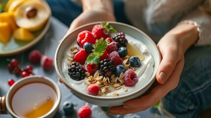 Poster - A woman carefully arranges a breakfast bowl filled with natural yogurt and vibrant berries, including raspberries, blueberries, strawberries, and blackberries