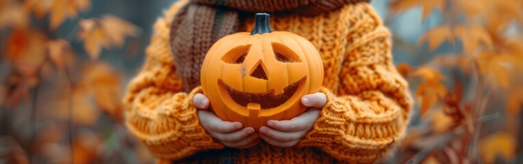 Child Holding Knitted Halloween Pumpkin Against Autumn Background